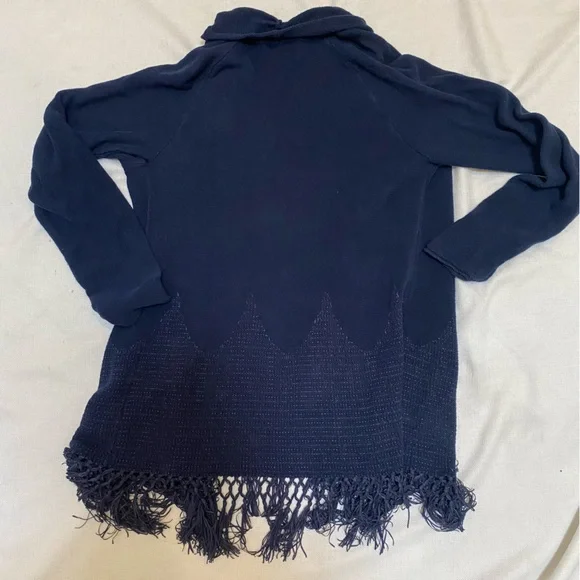 Lilly Pulitzer Tatum Cardigan Sweater XL Navy Fringe Trim Hem Open Front Long - Picture 2 of 11